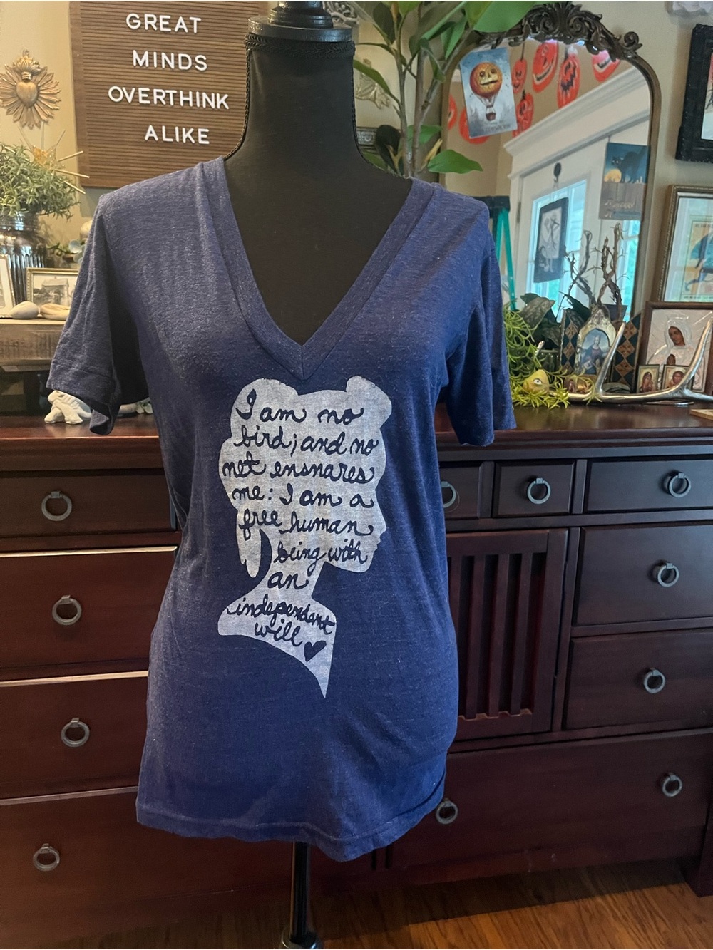 American Apparel Jane Eyre Quote Navy V-Neck Graphic Tee with White Silhouette